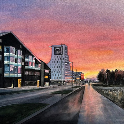 Dagen gryr i nya centrum, akvarell Ann-Louice Abrahamsson