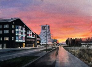 Ann-Louice Abrahamsson Akvarell morgonen gryr i nya centrum